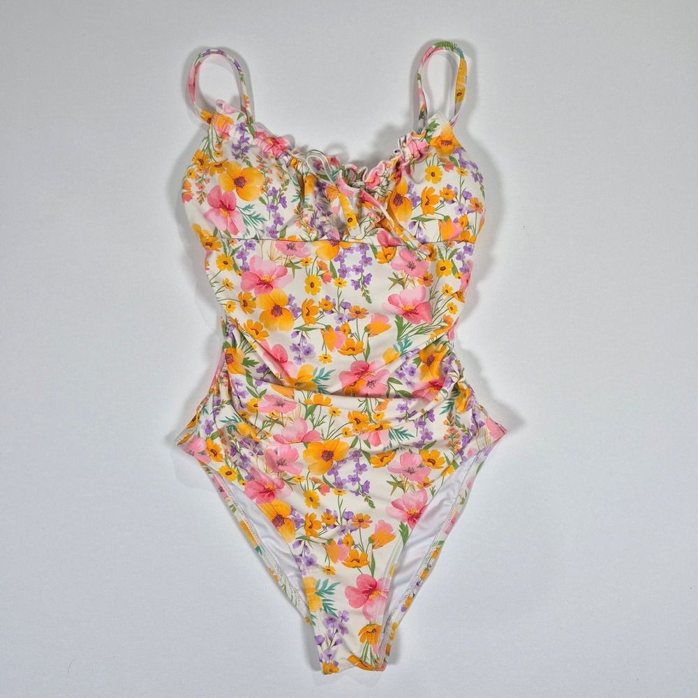 Cupshe Floral Ruched One Piece Swimsuit Multi Color Ruffle Keyhole Small